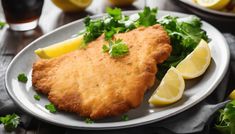 fried fish with lemons and parsley on a plate