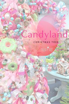 candy land christmas tree with pink and green decorations on it's top, surrounded by other holiday themed items