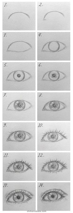 the steps to draw an eye with pencils on paper, and then in photoshopped