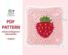 a crocheted square with a strawberry on it and the words, free pattern