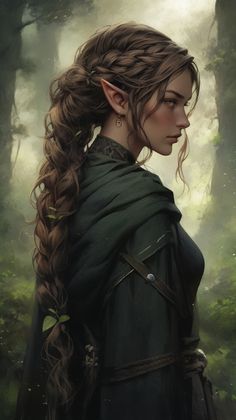 a painting of a woman with long hair and braids standing in the middle of a forest