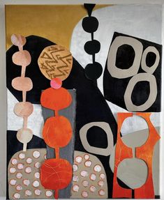 an abstract painting with black, orange and white shapes on it's side by itself