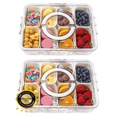 two plastic containers filled with different types of fruit and snacks in them on a white background