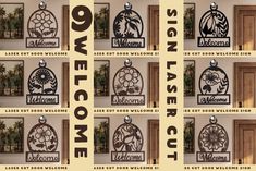 several metal welcome signs hanging on the wall