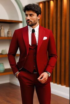 Are you planning a wedding or other social event that you want to look good and stand out in the crowd? Then this suit is a must have.  It is carefully made and finished with the best of fabric.  It comes in red color but can be customized in any color of your choice.  Product Details: 1. Red 3 piece single breasted suit (jacket/coat, vest/waistcoat & pants). 2. Sewed with a blend of cotton and wool fabric of high quality. Best fabric for suits. 3. Comes in sizes XS to 3XL. For larger sizes, kindly contact us. 4. It is a custom order. So any specification/requirement of your choice will be added while sewing. Kindly select your size from the size option before proceeding to pay.  For more perfect fit, please follow the measurement guide to measure and send the following measurements: a. Ne Red Mens Suit, Red Groomsmen, Blazer Waistcoat, Best Suits For Men, Red Tuxedo, Grooms Suit, Single Breasted Suit