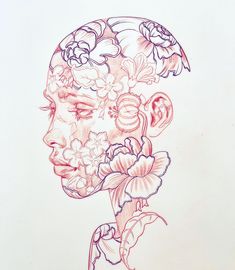 a drawing of a woman with flowers in her hair