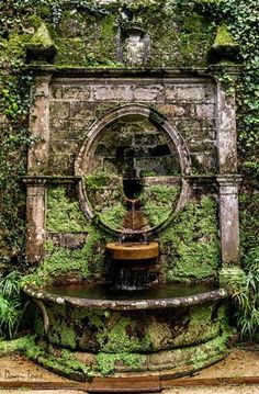 an old fountain with moss growing around it