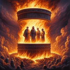 three men standing in front of a huge fire with flames coming out of the top