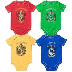 three bodysuits with harry potter logos on them, one is red, one is green and the other is blue