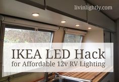 a kitchen area with a sink, window and counter top in the background text reads ikea led hack for affordable 12v lighting