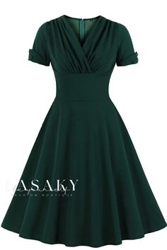 Lasaky - Elegant V-Neck Pleated Waist Flared Maxi Dress with a Retro Touch Dressy Attire, Vestidos Vintage, Skirt Skirt, Types Of Skirts, Skirt Length, Neck Designs, Vintage Dresses