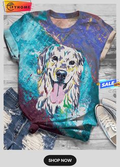 Plus Size Short Sleeve Cotton-blend Crew Neck T-shirt Animal Print Outfits, Dog Pattern, Print Shorts, Plus Size Shorts, Round Neck Tops, Cartoon Dog, Animal Shirts, Crew Neck Shirt, Dog Print