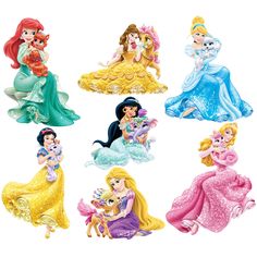 disney princess figurines are shown in different colors