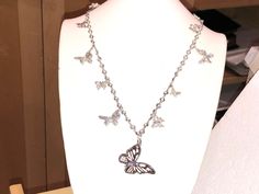 "A massively luxe and exquisitely elegant ONE OF A KIND piece! This decadently gorgeous, knock-your-socks-off BUTTERFLY PENDANT/Butterfly charm long necklace is pretty amazing. The PENDANT itself is beyond exceptional! It hangs by one wing and measures 1 1/2\" wide and 1 1/8\" long. The borders of this gorgeous pendant are encrusted with SILVER MICRO PAVE crystals against a black background. The rest of this fabulous piece is all made of SILVER RHODIUM. The chain, which slips over the head with Luxury Silver Butterfly Necklace For Formal Occasions, Luxury Silver Butterfly Necklace, Silver Butterfly Necklace For Party, Pendant Butterfly, Pave Necklace, Van Nuys, Rosary Chain, The Chain, Lilac Color