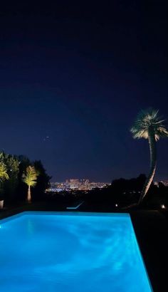 an empty swimming pool at night with palm trees and city lights in the back ground