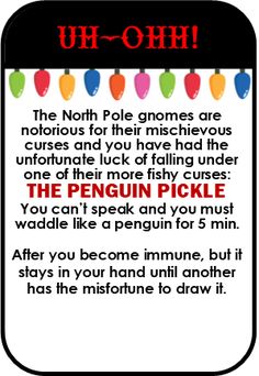 the penguin pickle poem is written in red and black with christmas lights on it