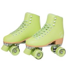 a pair of roller skates with green wheels