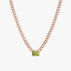 rose gold cuban chain neckalce with natural gemstone peridot Elegant Green Cable Chain Necklace, Gold Cuban Chain, Cuban Chain Necklace, Peridot Jewelry, Peridot Stone, Vibrant Energy, August Birthstone, Peridot Gemstone, Cuban Link Chain