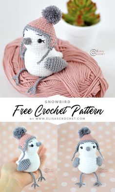 two crocheted birds sitting on top of a ball of yarn with the words snowbird free crochet pattern