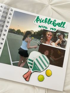 a scrapbook with pictures of people and tennis rackets on the cover is shown