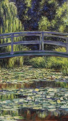 a painting of a bridge over water lilies