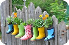 colorful rain boots with flowers in them hanging on a fence