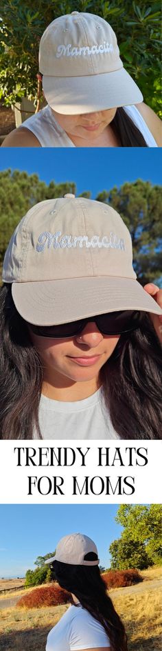 three different hats with the words trendy hats for moms written on them in white