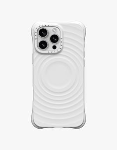 an iphone case with a white design on the front and back cover, featuring two black buttons