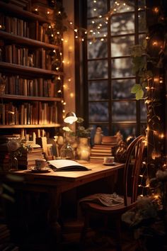 a room with bookshelves and lights in the window, along with a desk