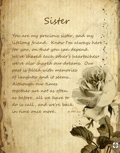 an old paper with a rose on it and the words sister written in cursive writing