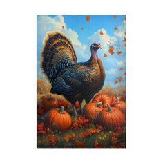 a painting of a turkey surrounded by pumpkins