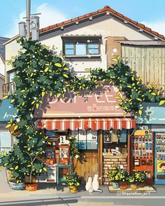 a painting of a store front with plants growing on it