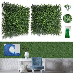 two green plants are placed next to a white table and blue chair in front of the wall