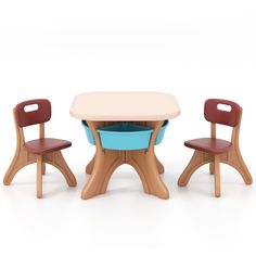 a wooden table with two chairs and a blue bowl