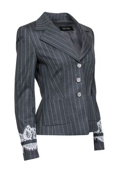 Grab a timeless professional classic with this blazer from Escada! Made with a contrasting pinstripe and luxe lace details on the sleeves, this is the perfect piece to wear with your favorite sweaters, blouses and flared trousers for a feminine work look that is sure to stun! Size 6 (DE 36) No care tag. most likely wool blend Front button close Lined Collared neckline Long sleeves with lace Pockets at hip Slight padding in shoulders Bust 36" Waist 30" Shoulder to shoulder 15.5 Shoulder to hem 23 Elegant Pinstripe Blazer For Office, Elegant Striped Blazer For Office, Elegant Pinstripe Blazer For Work, Elegant Striped Office Blazer, Elegant Striped Blazer With Notch Lapel, Elegant Striped Blazer For Semi-formal Occasions, Elegant Tailored Striped Blazer, Elegant Pinstripe Blazer For Semi-formal Occasions, Elegant Pinstripe Blazer