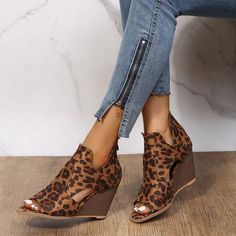 Product Info: Description: Style: Daily, Casual Item: Boots Upper Material: Faux Leather Toe: Open Toe Closure Type: Slip-On Heels: Wedge Heel Heels Wedge, Wedge Heels, Open Toe, Leopard Print, Wedges, Faux Leather, Slip On, Boots, Heels