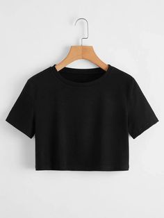 Basic Black Crop Top, Black Crop T Shirt, Short T Shirt Crop Tops, Crop Tees For Women, Shein Black Top, Siyah Crop Top, Short Crop Top Outfits, Crop T Shirts For Women, Black Crop Top Outfit Casual