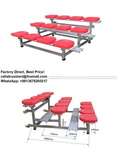 the bench and benches are shown with measurements for each seat, which is also red