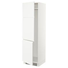 a tall white cabinet with two doors on the front and one door open to reveal something