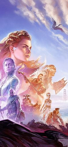 an image of a woman with long hair in front of the sky and other characters