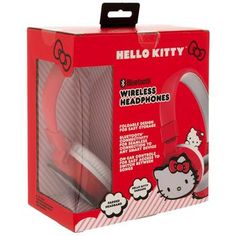 the hello kitty headphones are packaged in a red cardboard box with its lid open