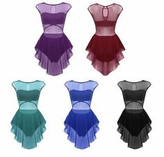 four different colored dresses with ruffles on them