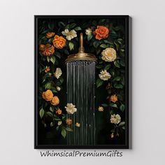 a painting of flowers and a shower head with water coming out of the faucet