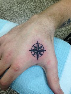 a hand with a small compass tattoo on it