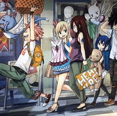 some anime characters are walking in front of a building and one is holding a bag