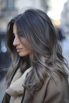 New Balayage Hair, Fall Trend Hair Color, Mushroom Blonde Balayage On Dark Hair, Grey Bayalage Hair Long, Balayage Ash Grey, Grey Blending Balayage, Ash Grey Highlights, Ash Grey Balayage, Brown Gray Hair