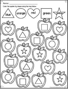 an apple themed worksheet to help students learn colors and shapes in the classroom