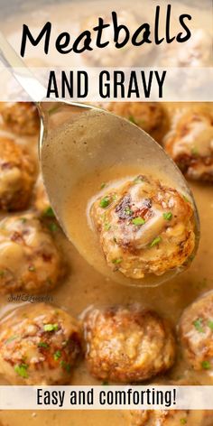 meatballs and gravy in a pot with a ladle full of gravy