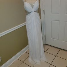 Breathtaking White Lafemme Goddess Gown! Crystal Embellishments, Front Split, Sheer Back And Sides Hidden Side Zipper. Purchased From Neiman Marcus For A Mardi Gras Ball, Never Worn But The Tags Were Removed So It Couldn't Be Returned To The Store. White Evening Gown With Sheer Bodice, White Maxi Dress With Sheer Bodice For Formal Occasions, Elegant Maxi Dress For Debutante Ball, White Floor-length Evening Dress With Sweep Train, White Maxi Dress With Sweetheart Neckline For Evening, White Gown With Sweetheart Neckline For Evening, White Floor-length Formal Gown, White Evening Dress With Sweep Train For Formal Occasions, Elegant Full-length White Wedding Dress