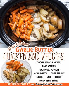 an advertisement for the slow cooker chicken and veggies recipe